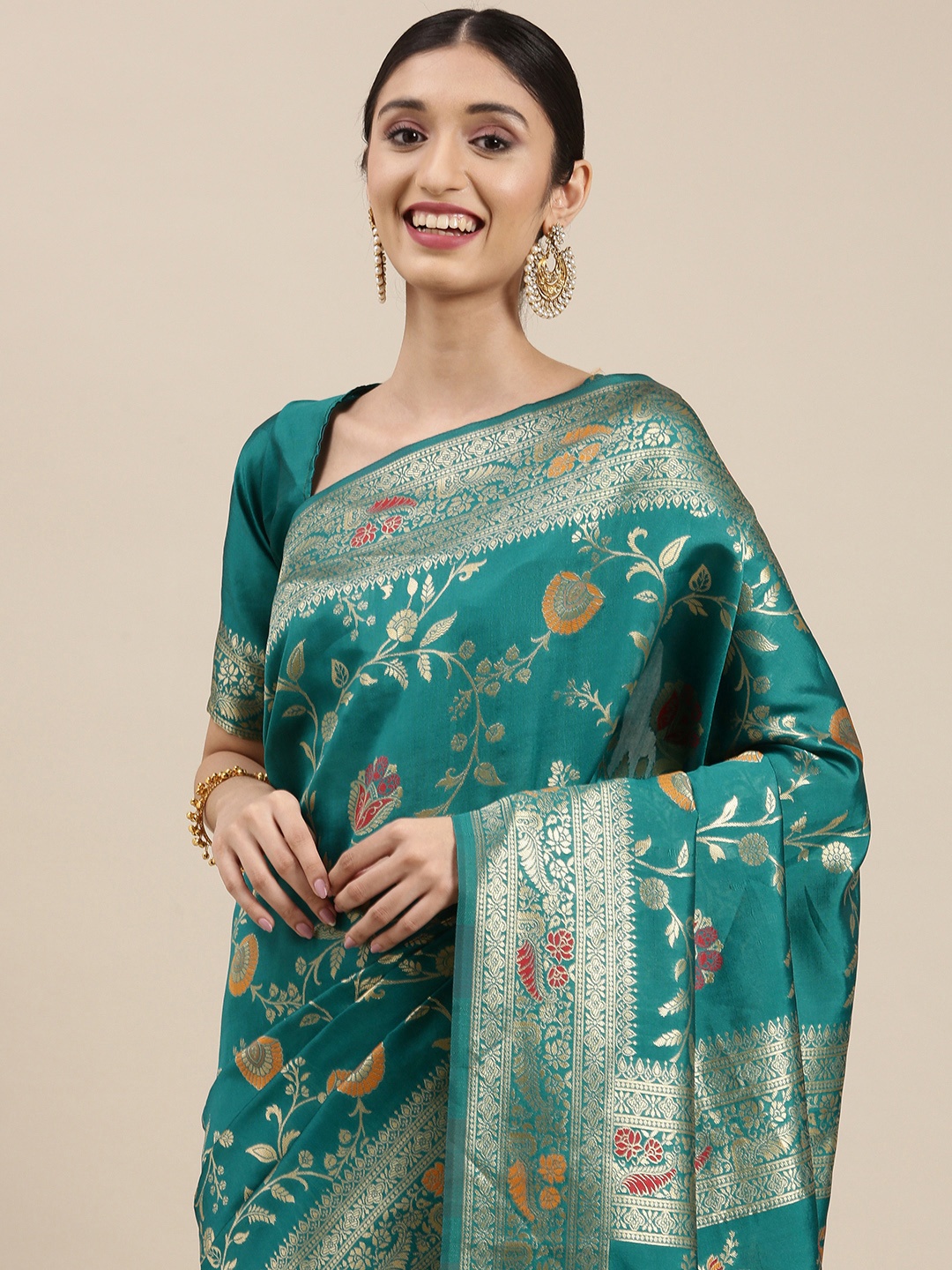 

VAIRAGEE Teal & Gold-Toned Floral Zari Saree