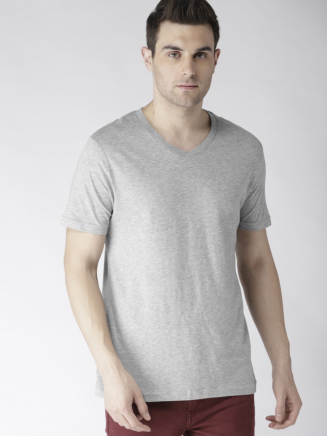 

FOREVER 21 Men Grey Melange Solid V-Neck T-shirt