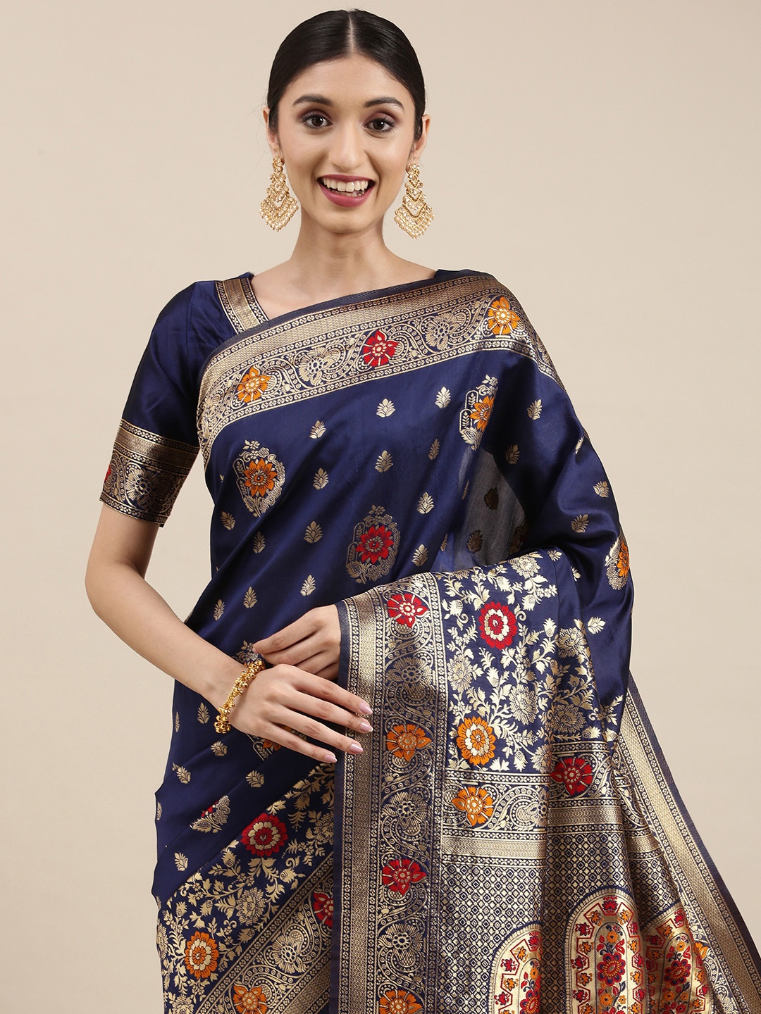 

VAIRAGEE Navy Blue & Gold-Toned Ethnic Motifs Zari Saree