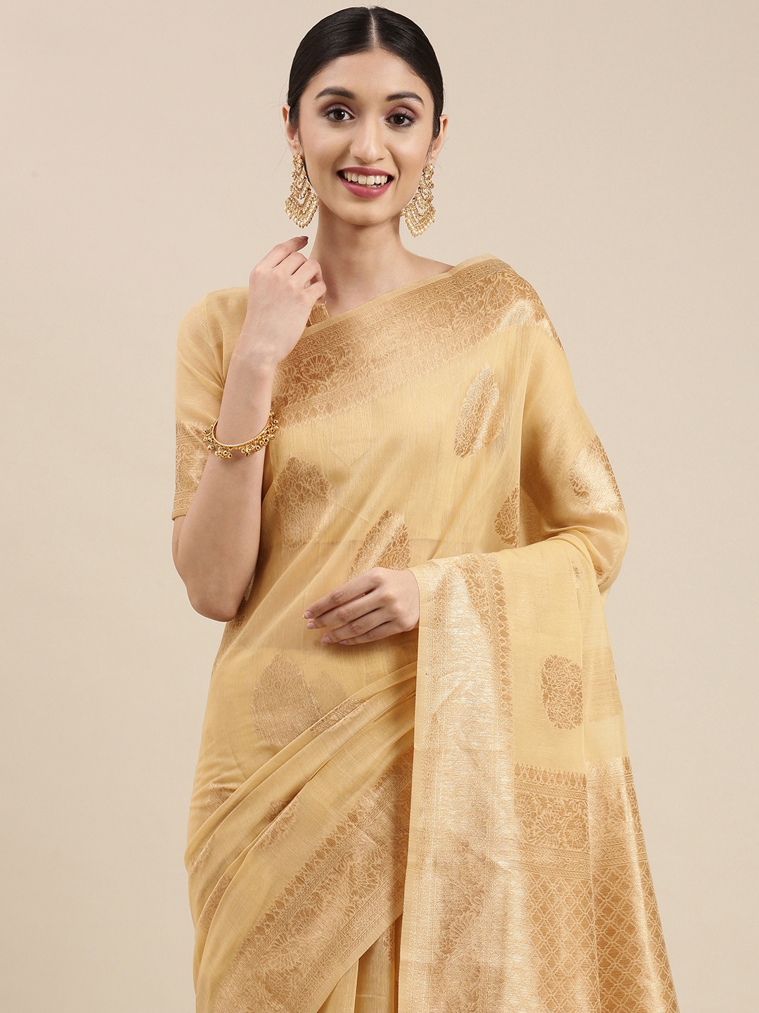 

VAIRAGEE Beige Ethnic Motifs Zari Silk Cotton Saree