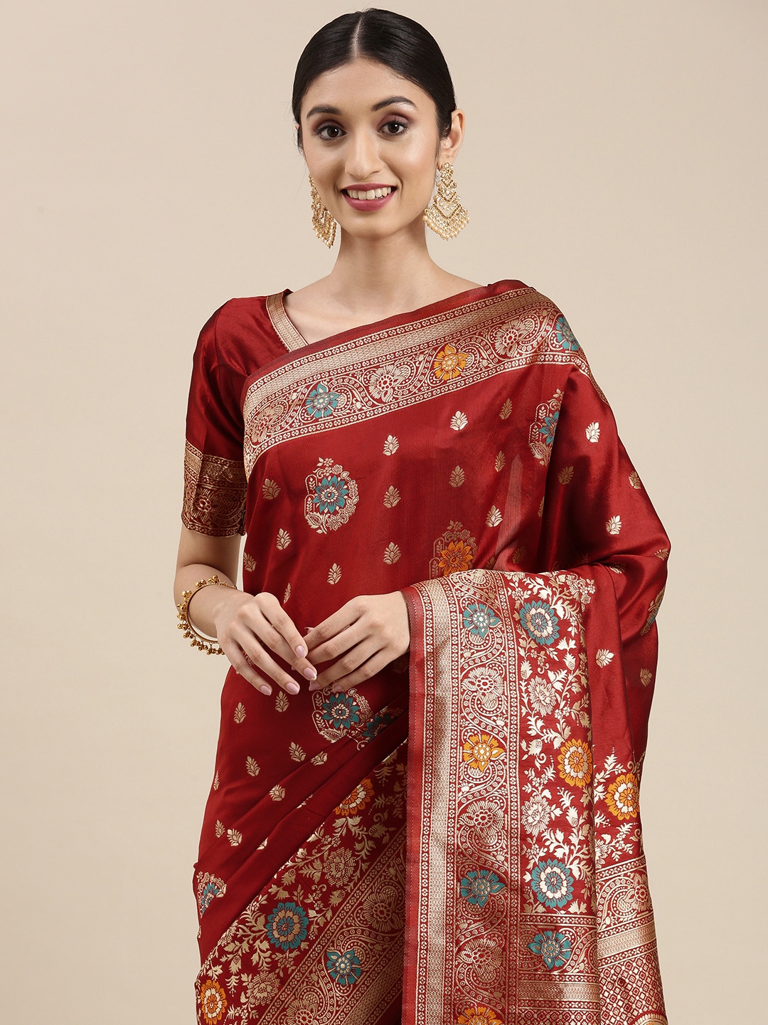 

VAIRAGEE Maroon & Gold-Toned Ethnic Motifs Zari Saree