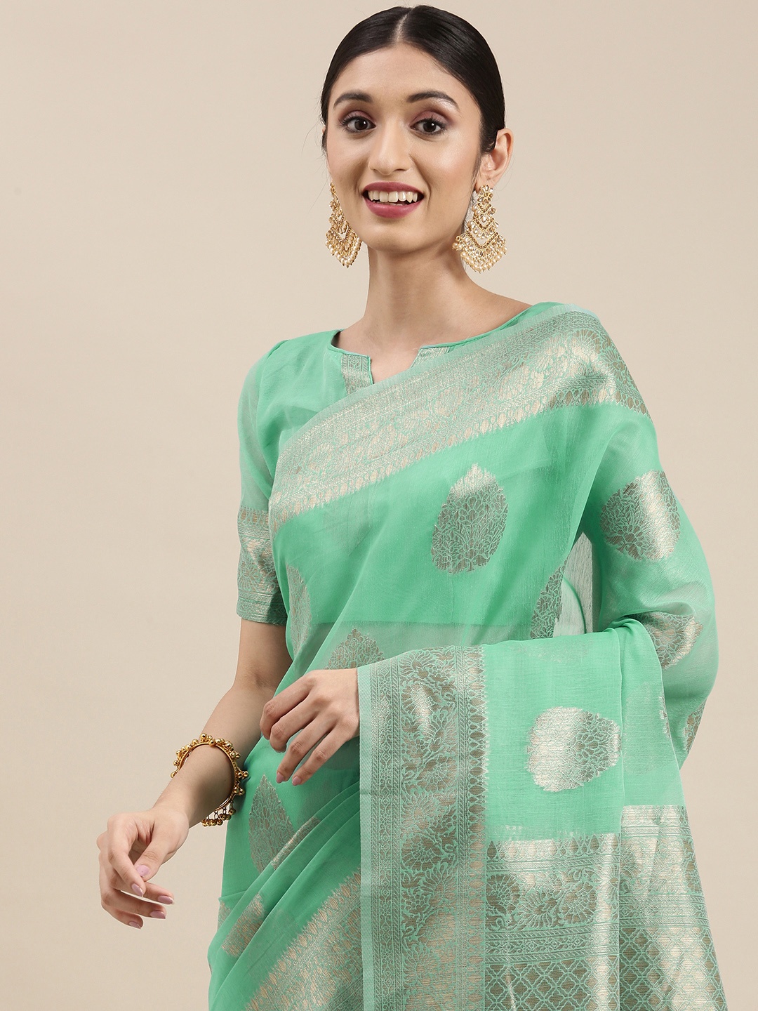 

VAIRAGEE Blue & Gold-Toned Ethnic Motifs Zari Silk Cotton Saree