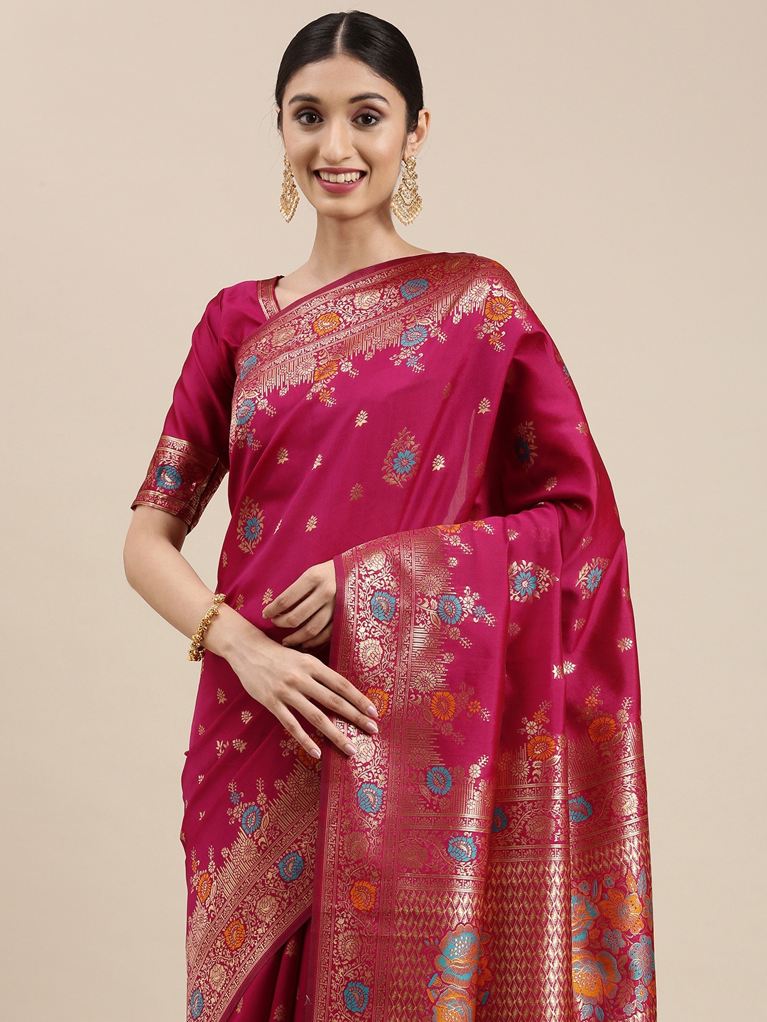 

VAIRAGEE Pink & Gold-Toned Ethnic Motifs Zari Saree
