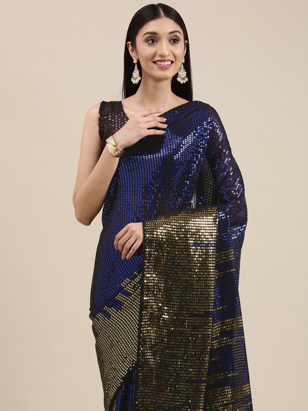

VAIRAGEE Blue & Gold-Toned Embellished Sequinned Saree