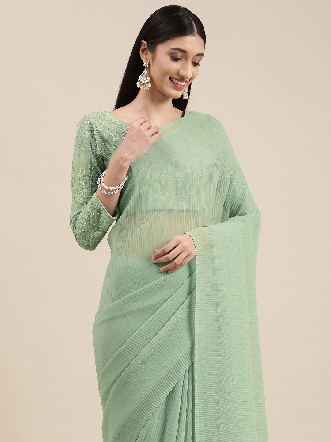 

VAIRAGEE Sea Green Embroidered Accordion Pleated Saree