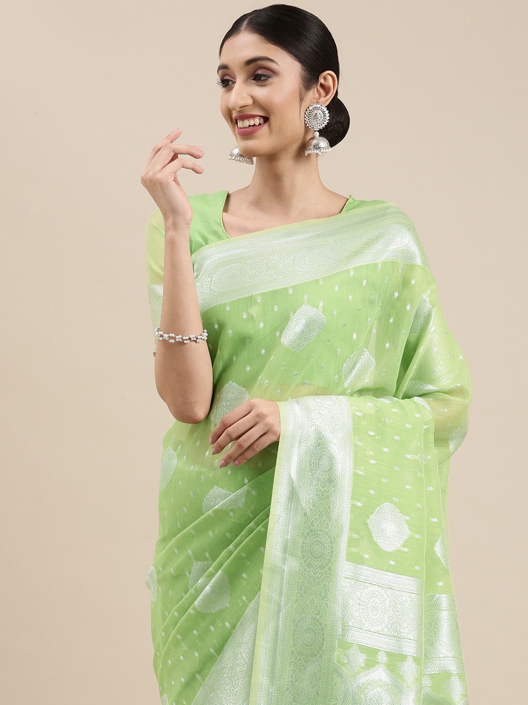 

VAIRAGEE Lime Green Ethnic Motifs Zari Silk Cotton Saree