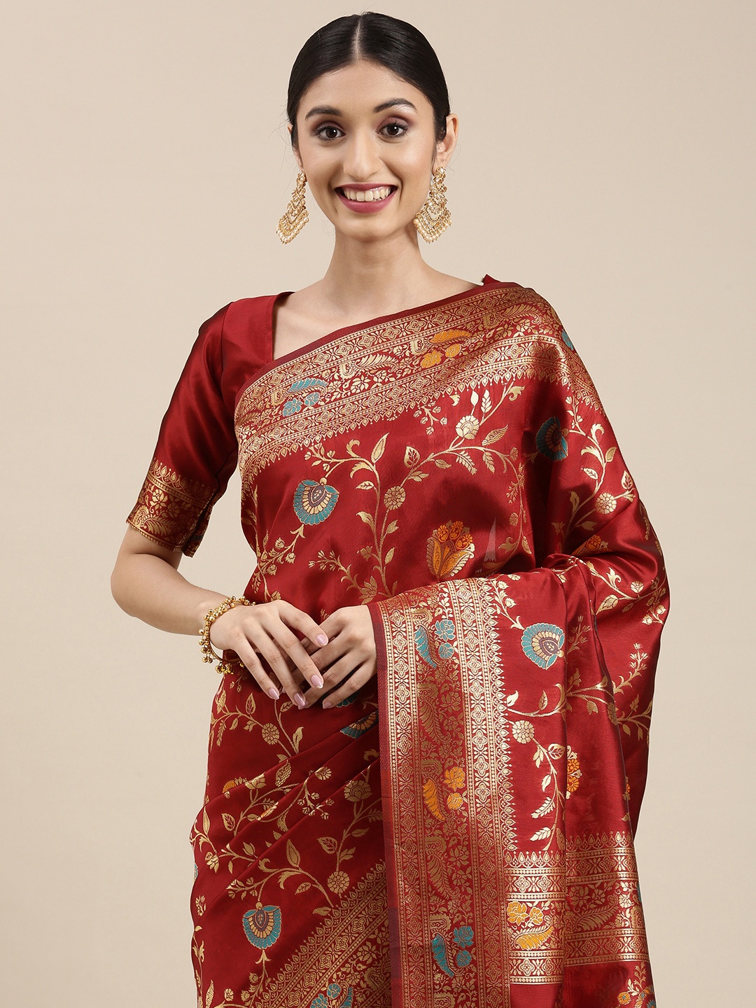 

VAIRAGEE Maroon & Gold-Toned Ethnic Motifs Zari Saree