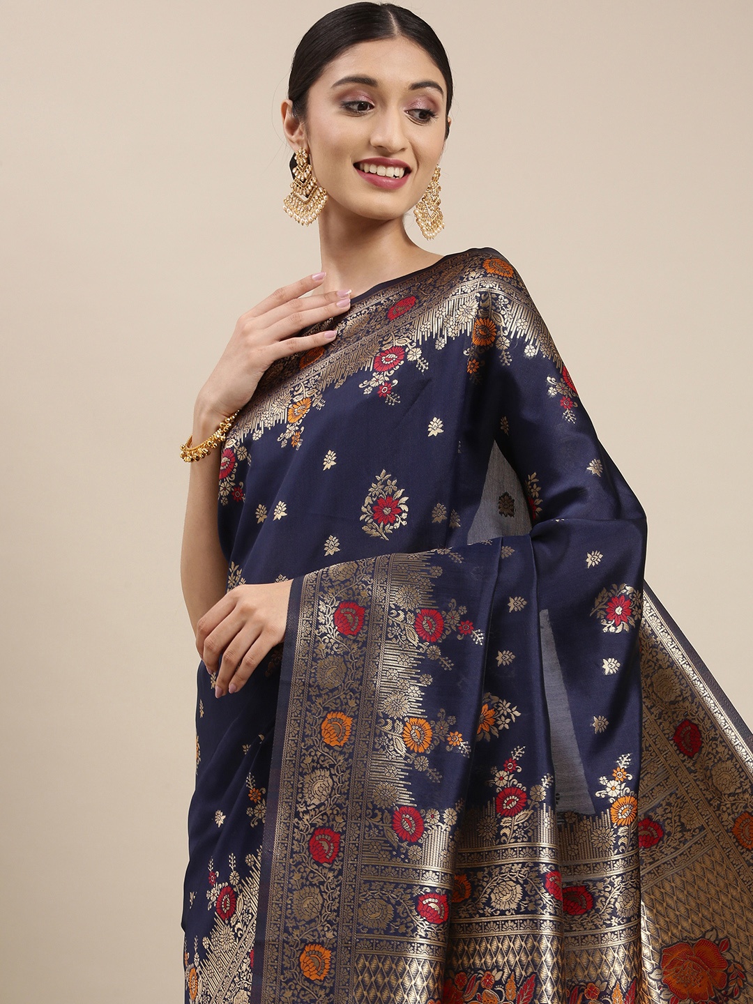 

VAIRAGEE Navy Blue & Gold-Toned Ethnic Motifs Zari Saree