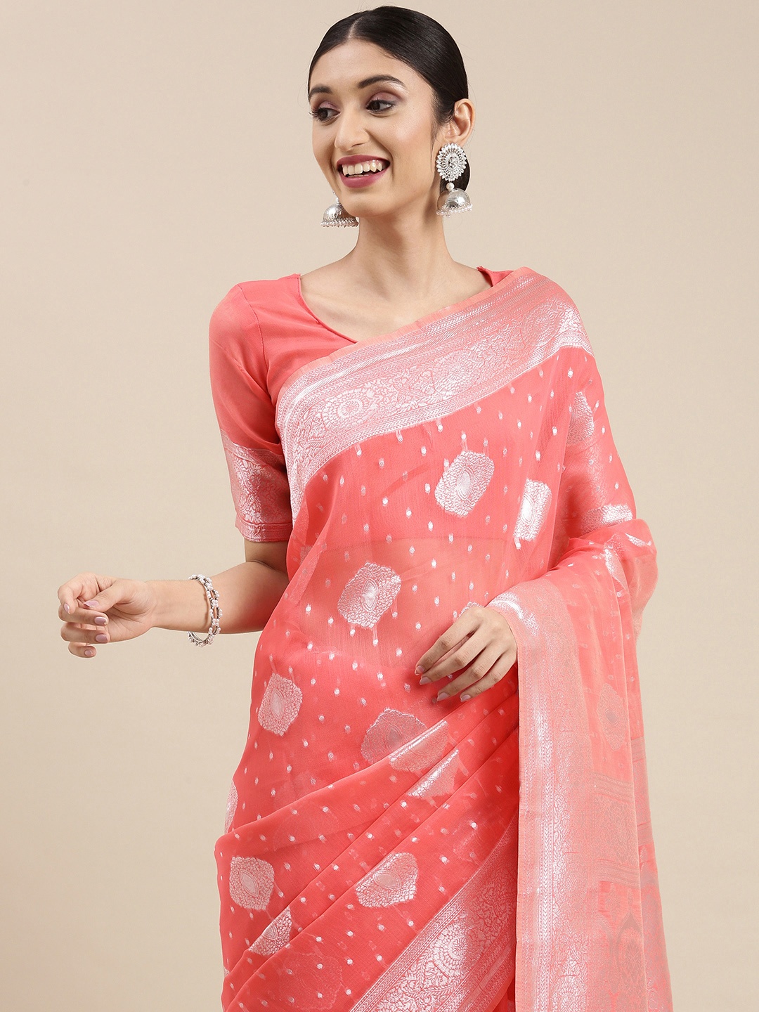 

VAIRAGEE Pink Ethnic Motifs Zari Silk Cotton Saree