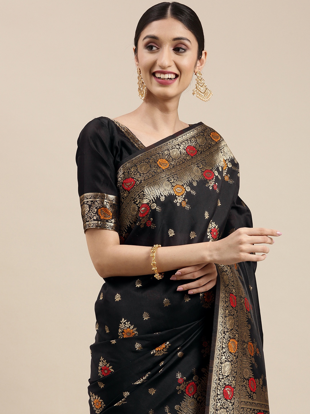 VAIRAGEE Black Woven Design Zari Banarasi Saree