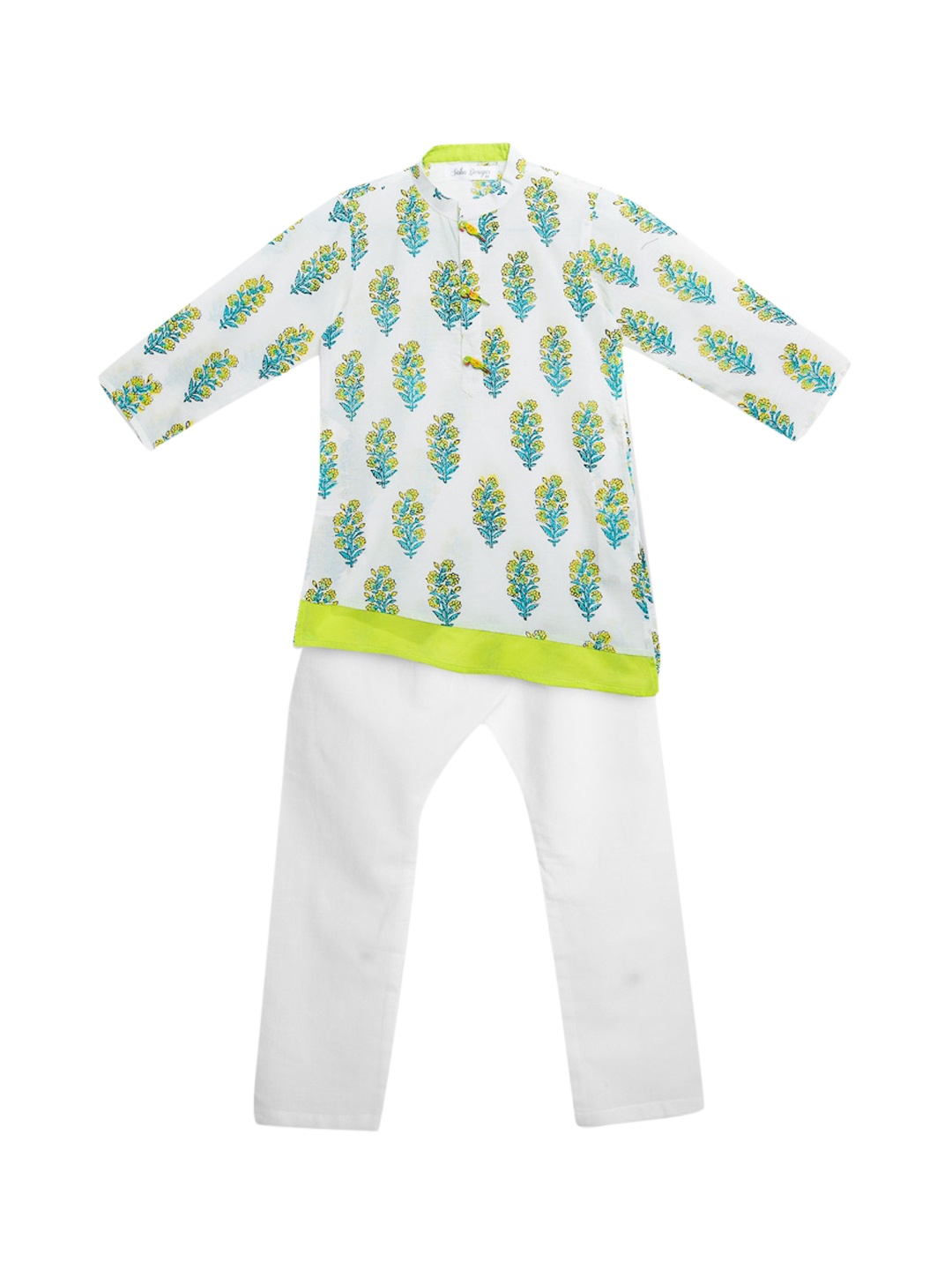 

SAKA DESIGNS Boys White & Lime Green Ethnic Motifs Printed Pure Cotton Kurta with Pyjamas