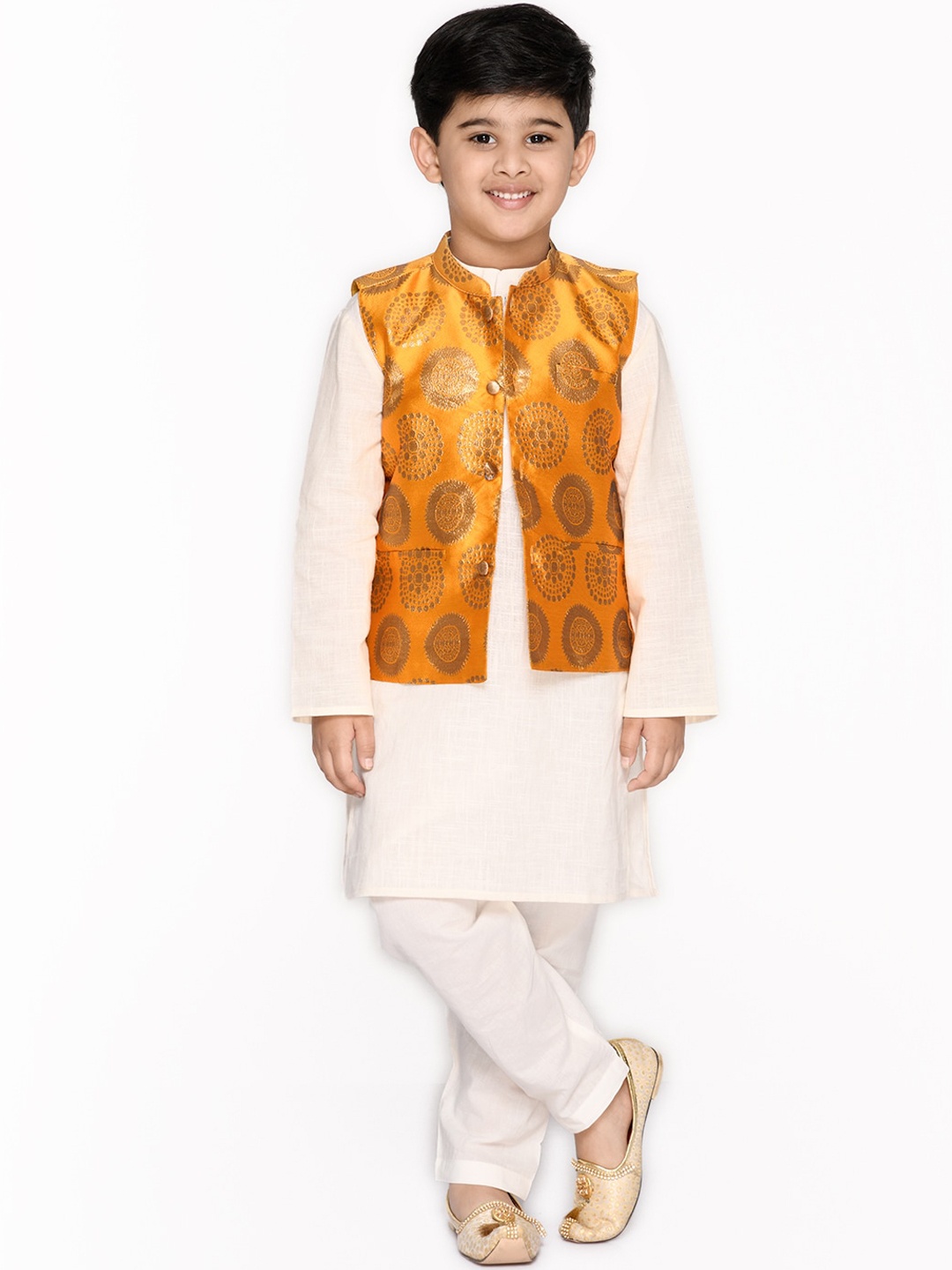 

SAKA DESIGNS Boys Mustard Yellow Pure Cotton Kurta with Pyjamas & with Jacket
