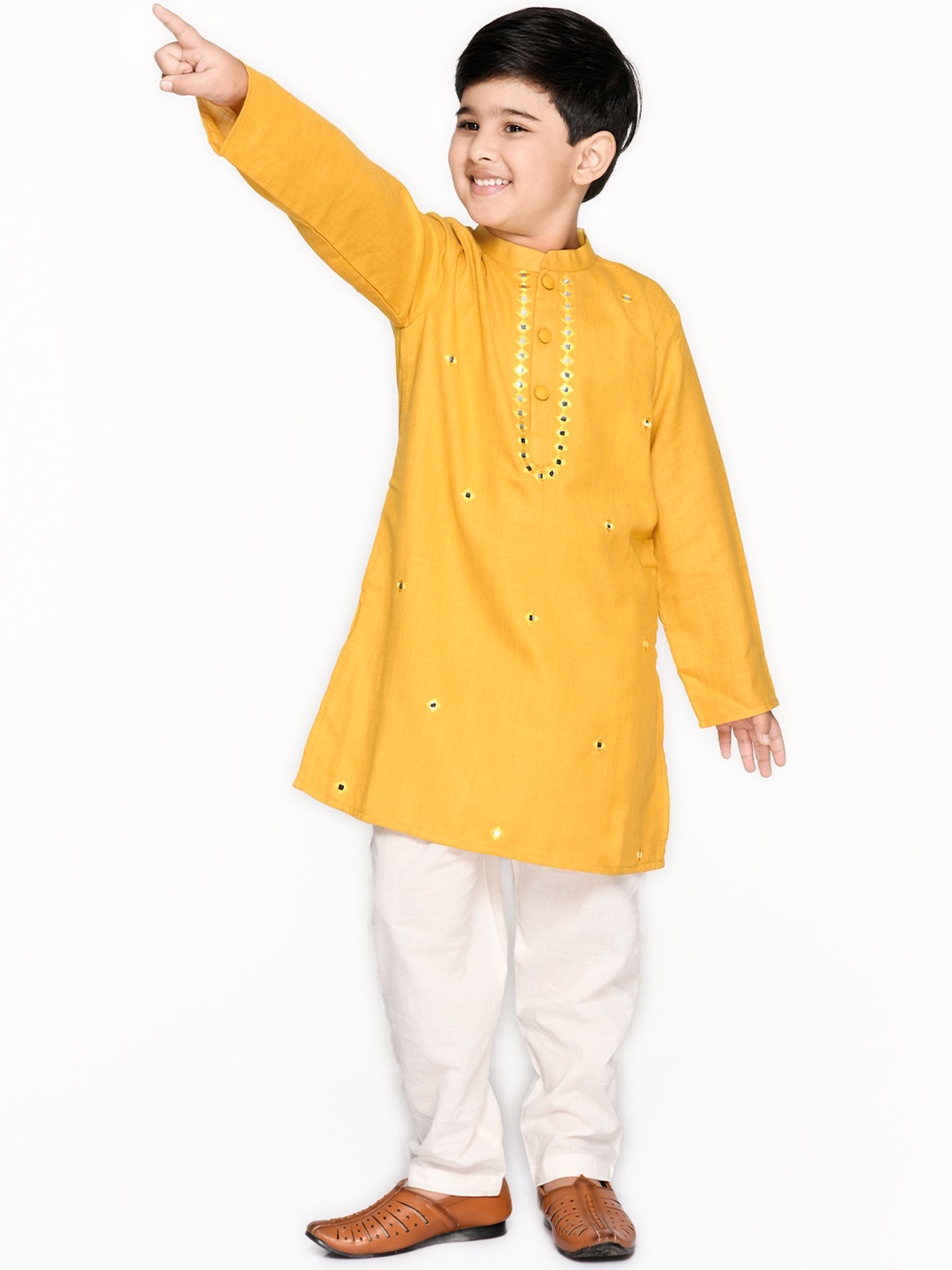 

SAKA DESIGNS Boys Mustard Yellow Mirror Work Pure Cotton Kurta with Pyjamas