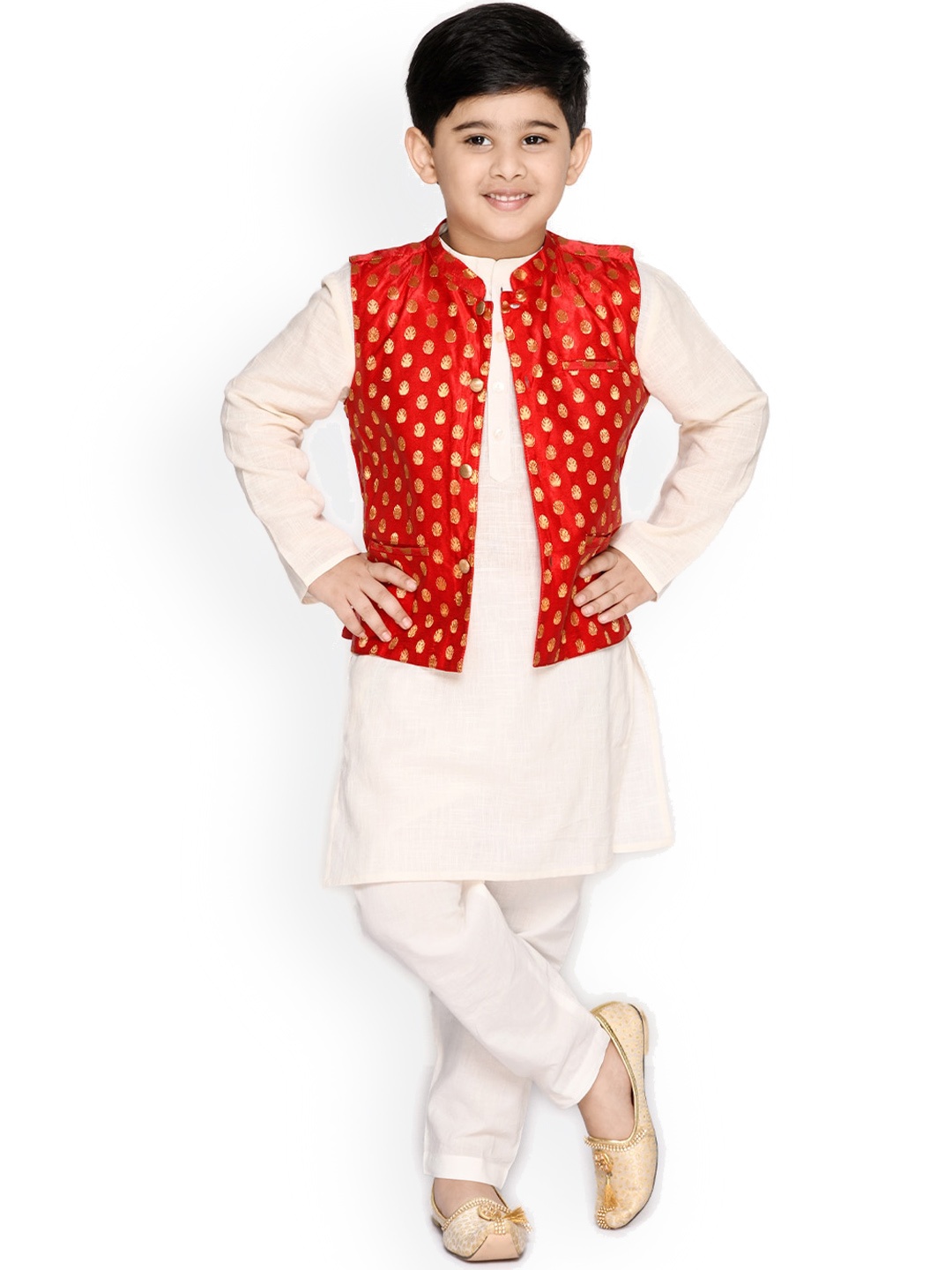 

SAKA DESIGNS Boys Orange Floral Printed Layered Pure Cotton Kurta with Pyjamas