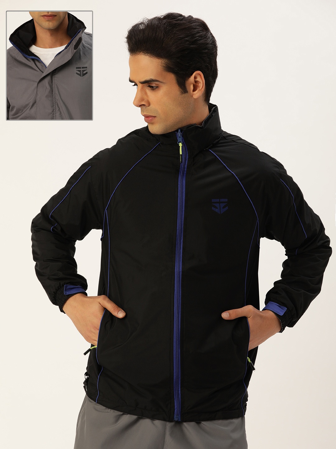 

Sports52 wear Navy Blue & Grey Reversible Rain Jacket with Detachable Hood