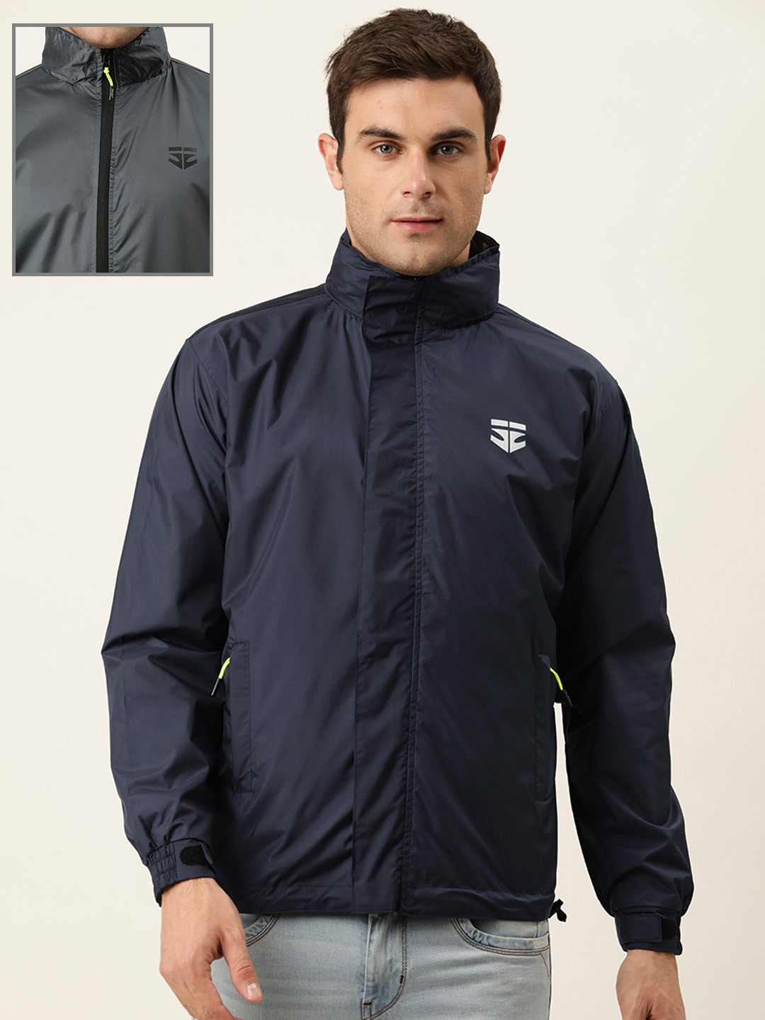 

Sports52 wear Men Navy Blue And Grey Solid Reversible Rain Jacket