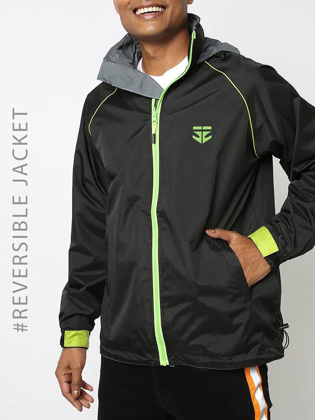 

Sports52 wear Men Black & Grey Reversible Hooded Rain Jacket with Contrast Zip