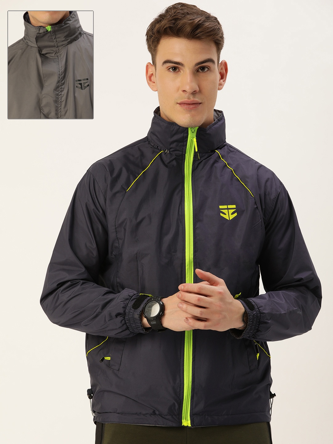 

Sports52 wear Black & Grey Reversible Rain Jacket with Detachable Hood