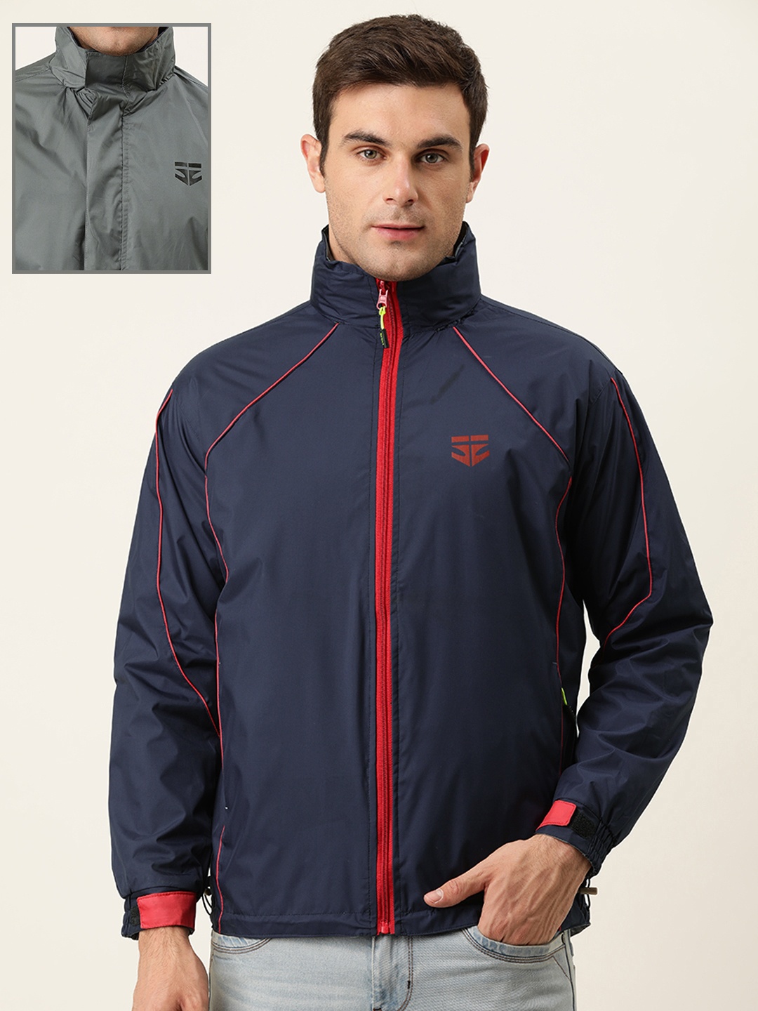 

Sports52 wear Men Dark Blue And Grey Solid Reversible Rain Jacket
