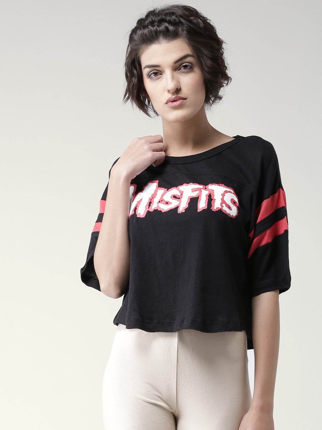 

FOREVER 21 Women Black Printed Round Neck Crop Pure Cotton T-shirt