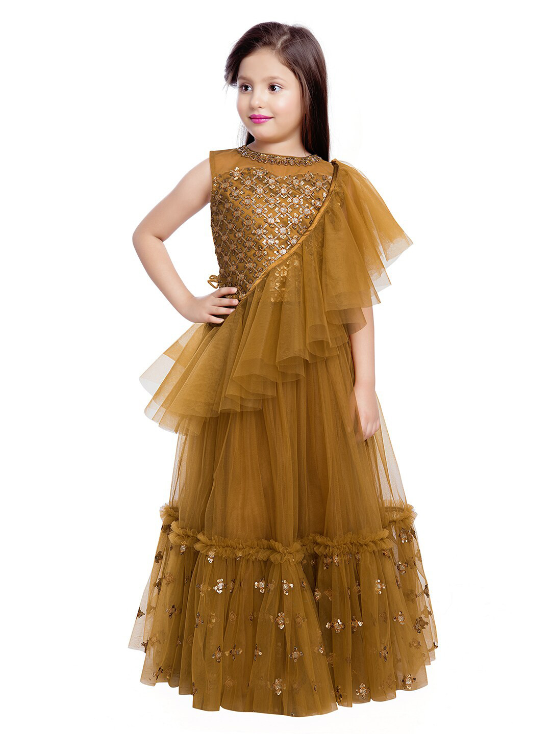 

BETTY Girls Golden Embellished Sequinned Ready to Wear Lehenga & Blouse With Dupatta, Gold