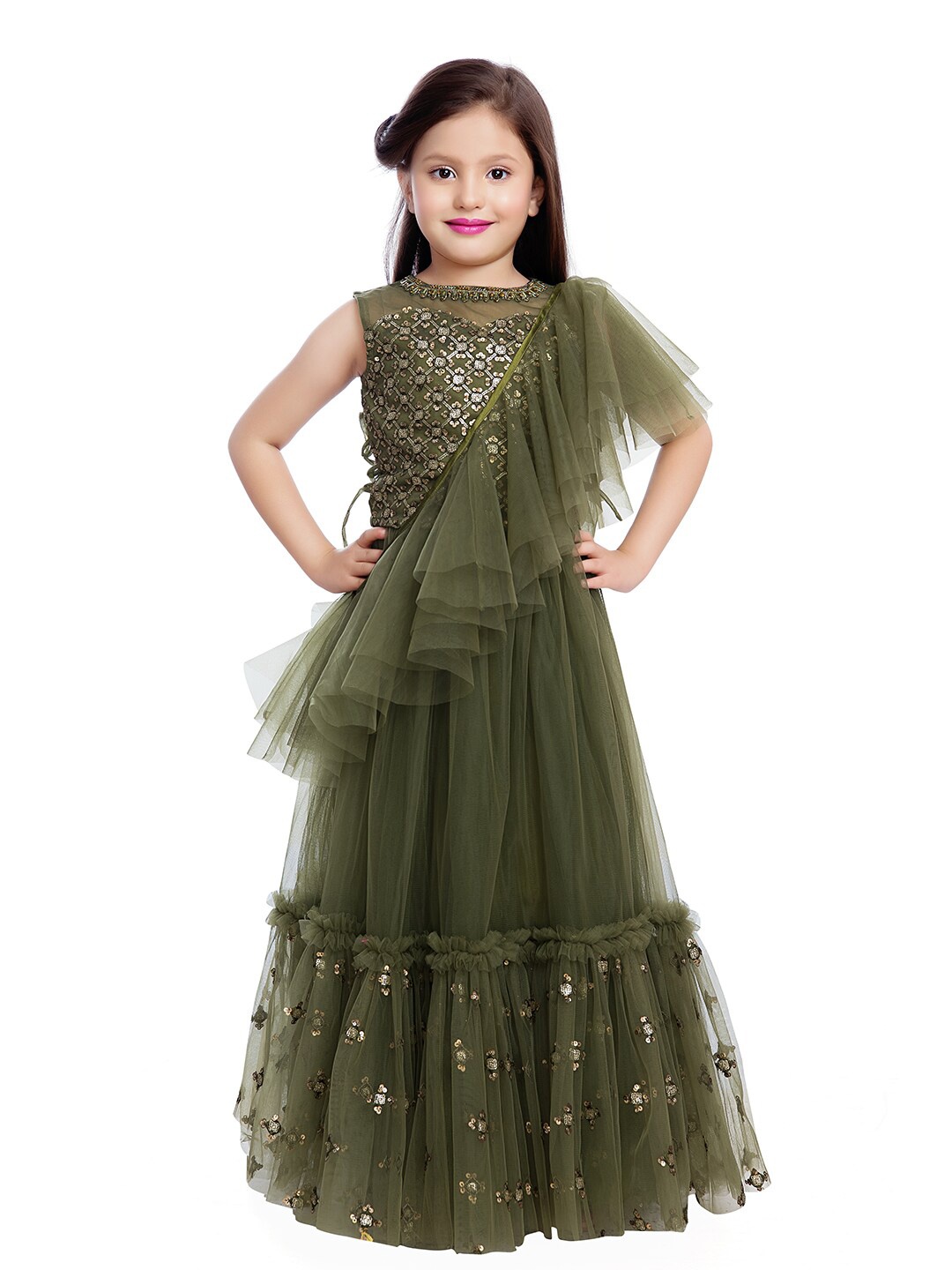 

BETTY Girls Green & Gold-Toned Embellished Sequinned Ready to Wear Lehenga & Blouse With Dupatta