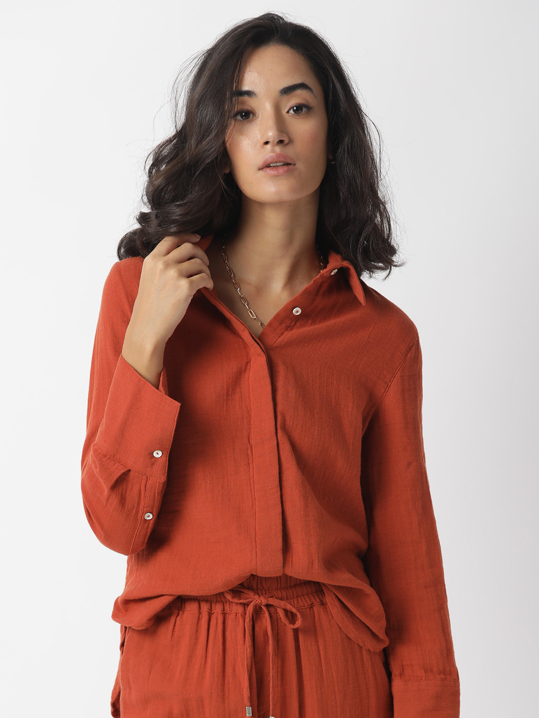 

RAREISM Women Brown Pure Cotton Shirt Style Top