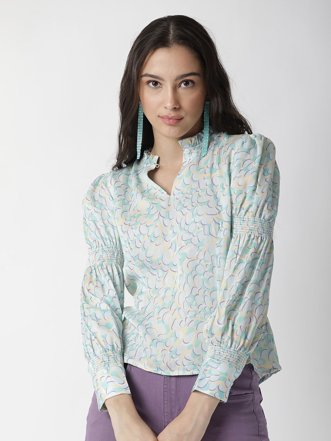 

RAREISM Purple Print Ruffles Smocked Top