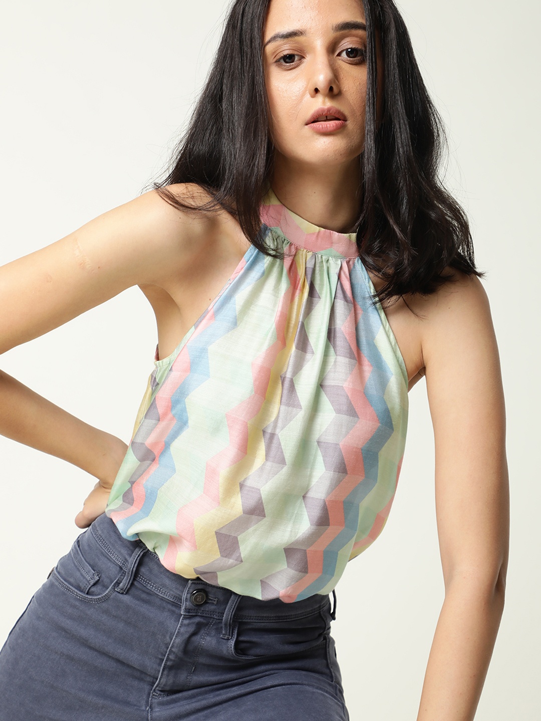 

RAREISM Green & Red Geometric Print Halter Neck Top