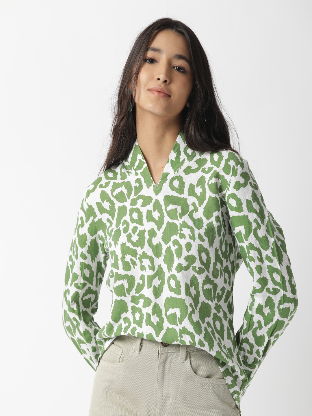 

RAREISM Women White & Green Printed Shirt Style Top