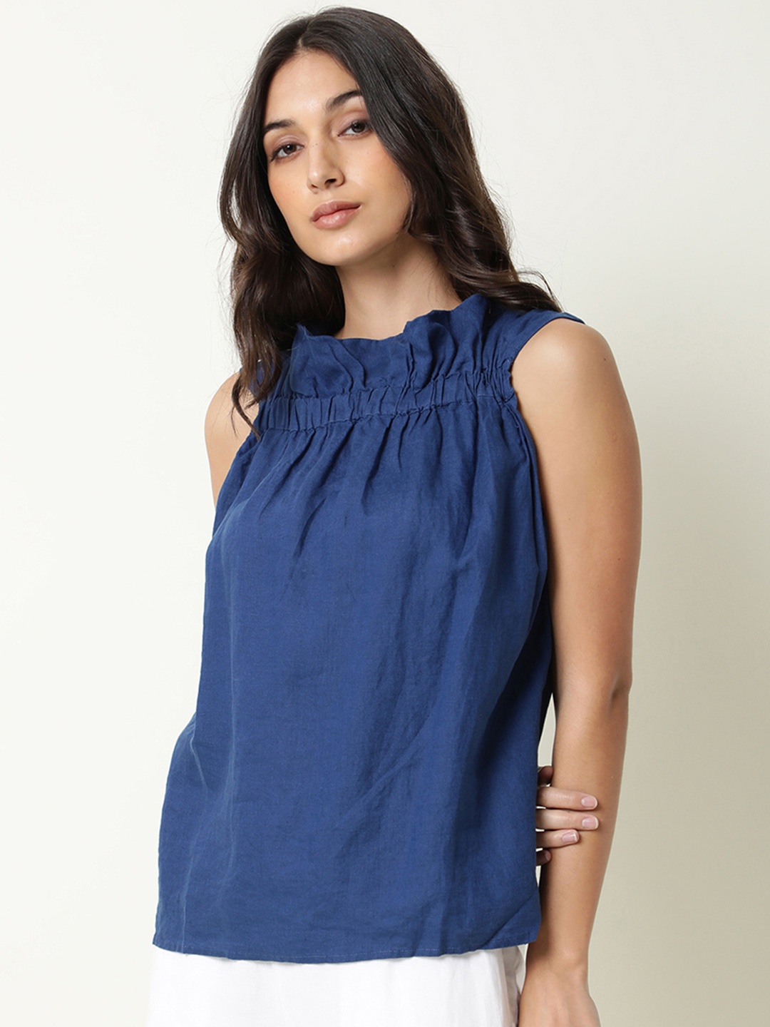 

RAREISM Women Blue Solid Round Neck Regular Top