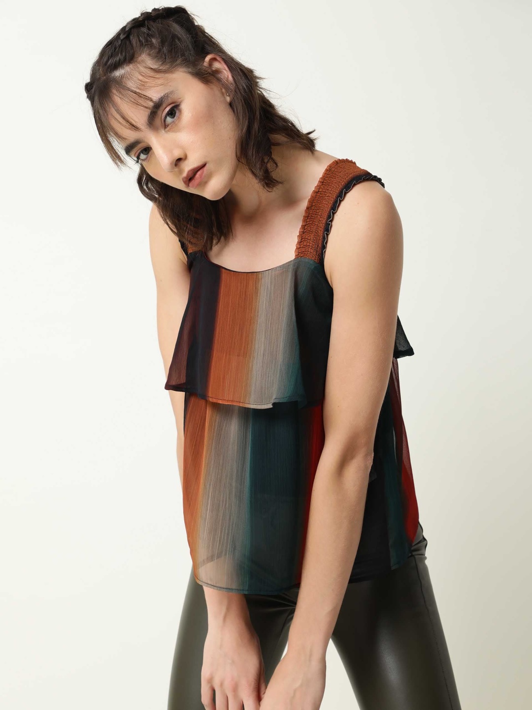 

RAREISM Brown & Red Striped Layered Top