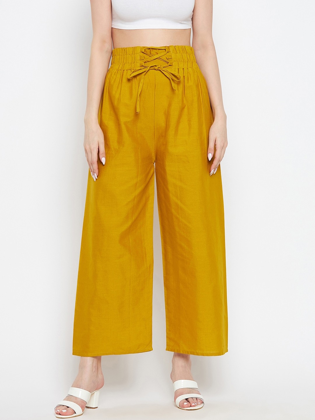 

Clora Creation Women Mustard Yellow Smart Easy Wash Pleated Cotton Trousers