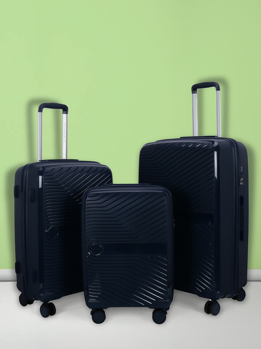 

Nasher Miles Bruges Set of 3 Navy Blue Textured Hard-Sided Trolley Suitcase