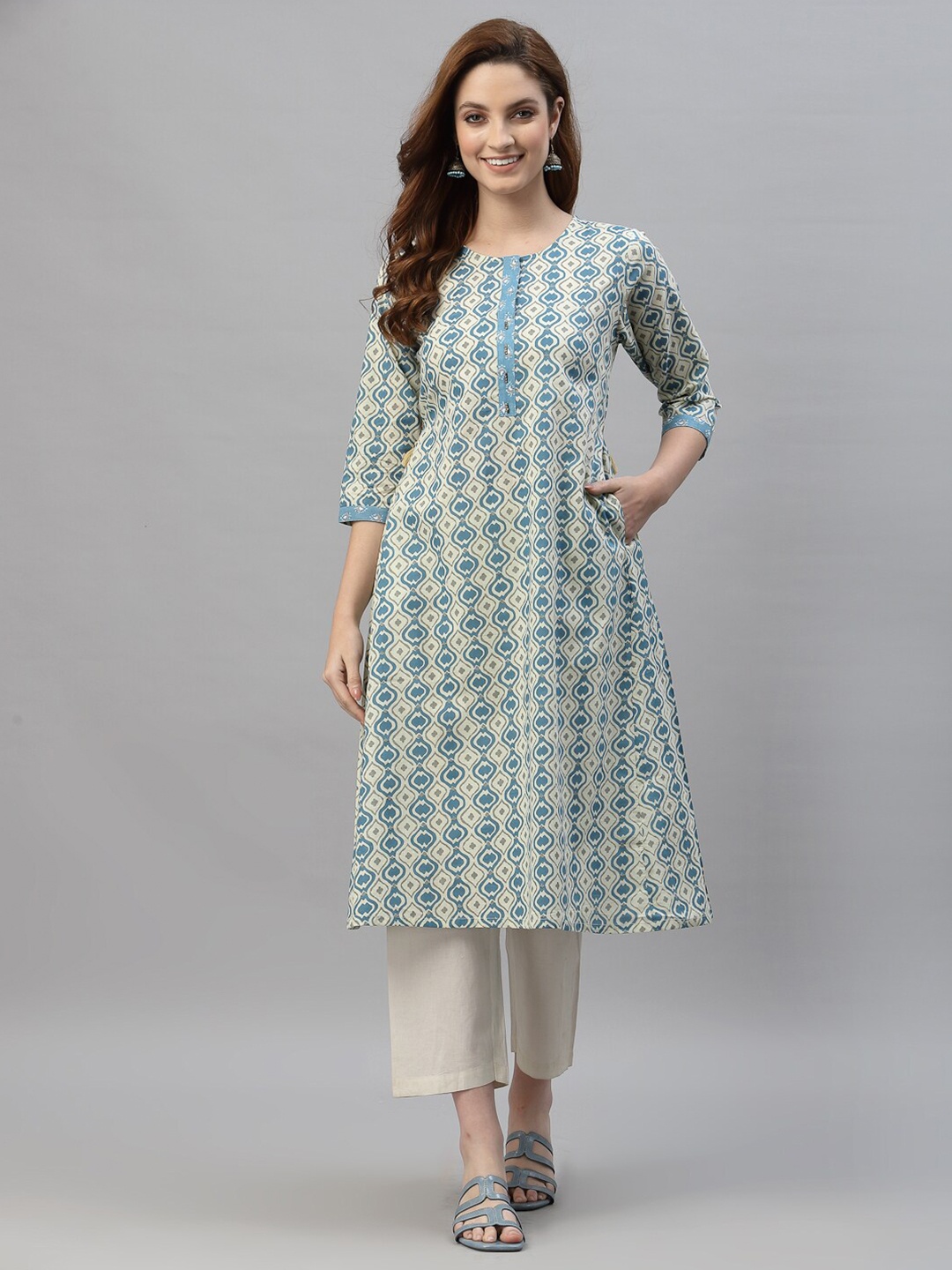 

Mode by Red Tape Women Teal Blue & Grey Printed Pure Cotton Kurta