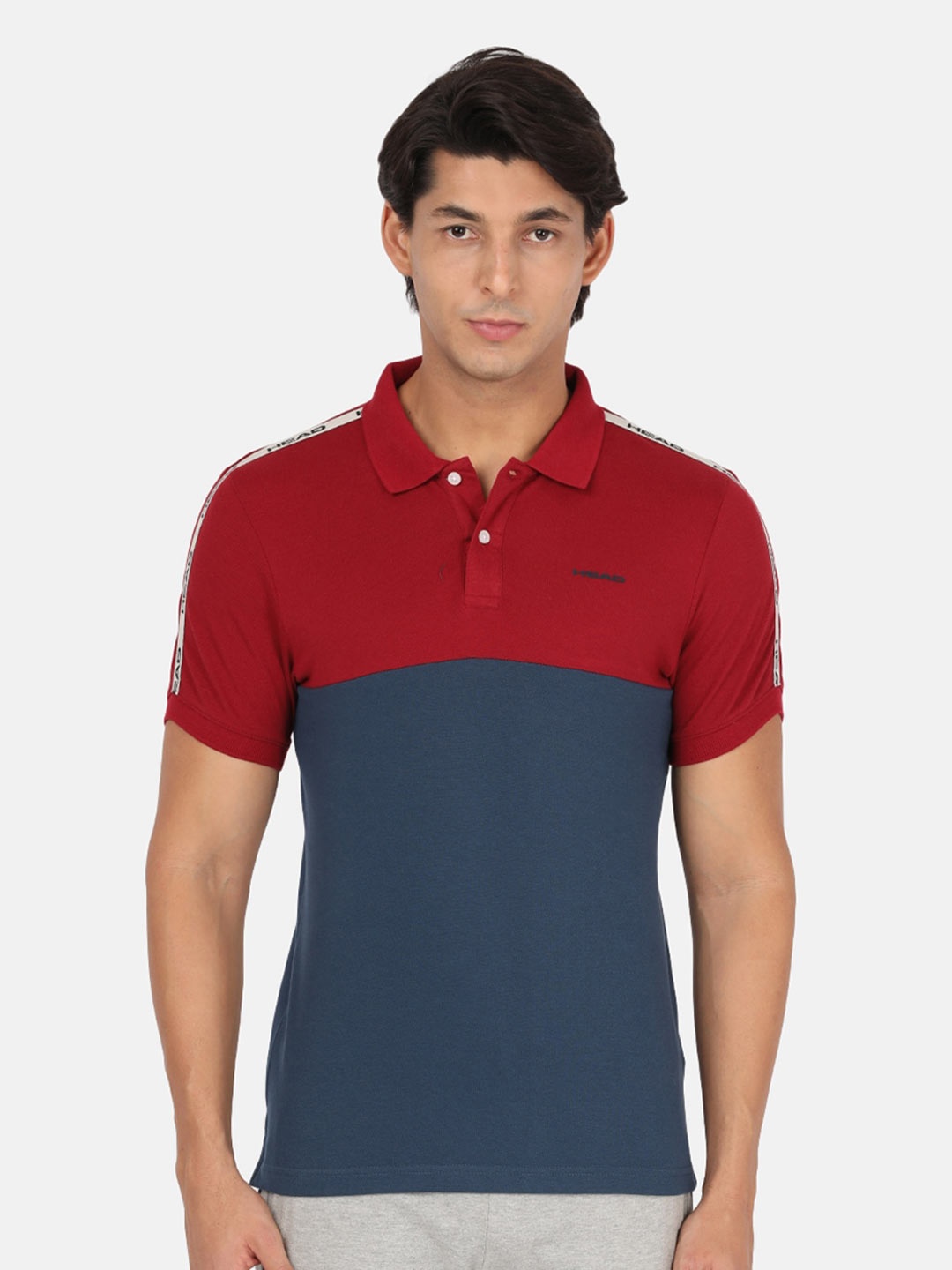 

Head Men Red & Blue Colourblocked Polo Collar Slim Fit Sports T-shirt