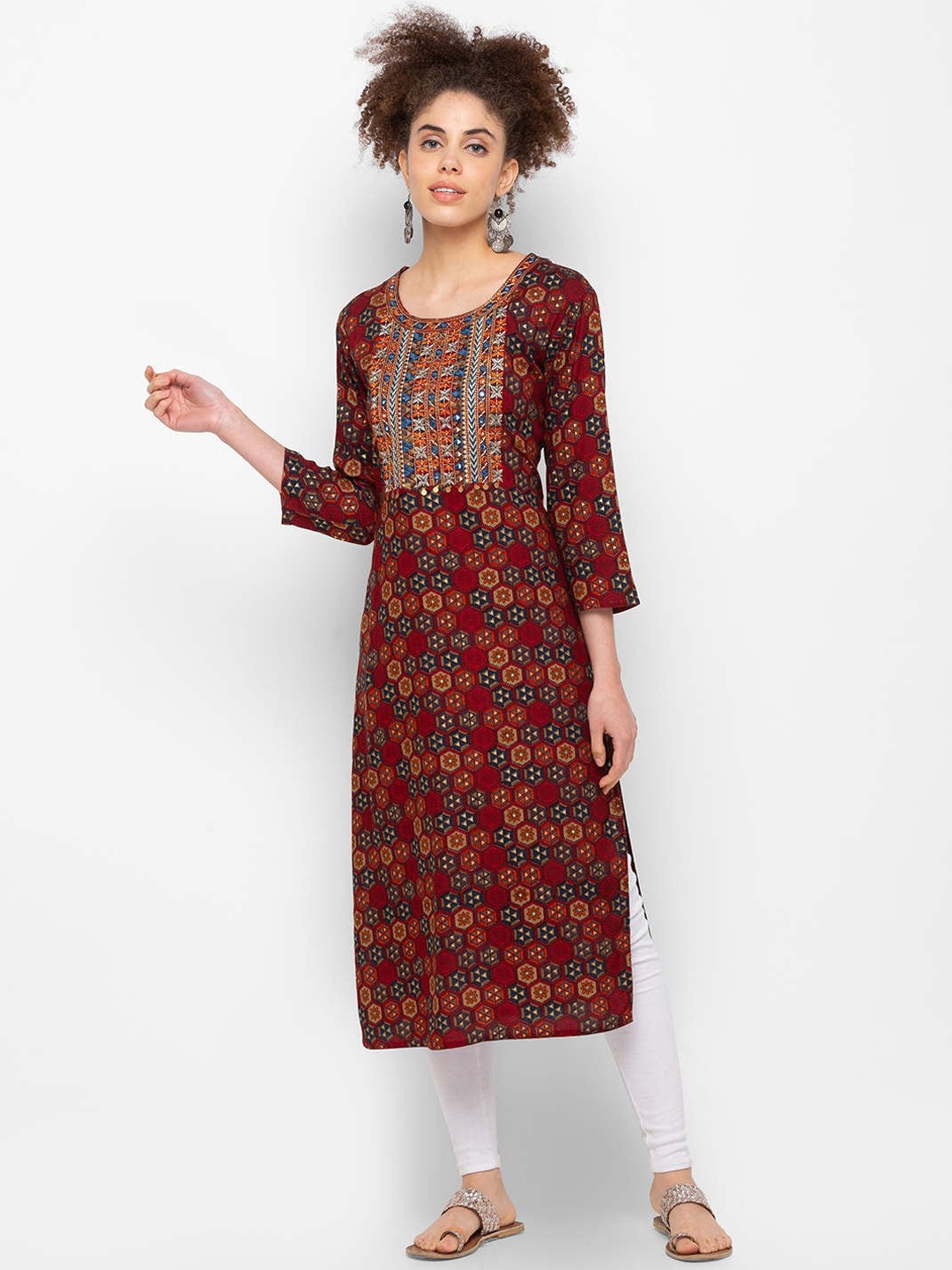 

ZOLA Women Maroon Ethnic Motifs Printed Thread Work Kurta