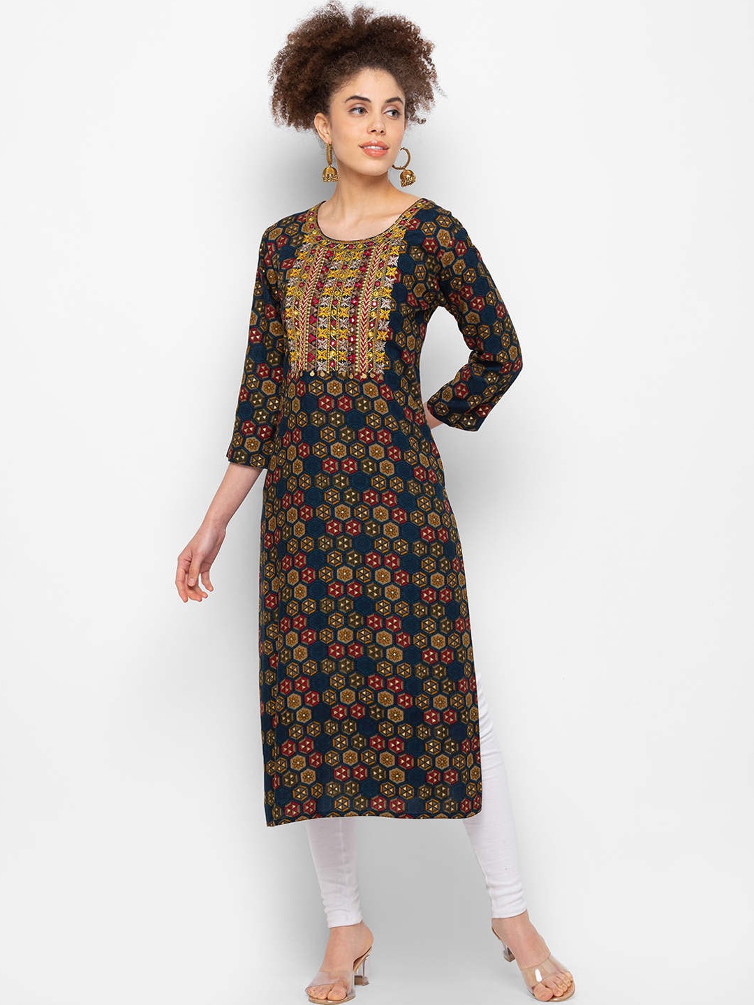 

ZOLA Women Teal Ethnic Motifs Printed Mirror Work Kurta