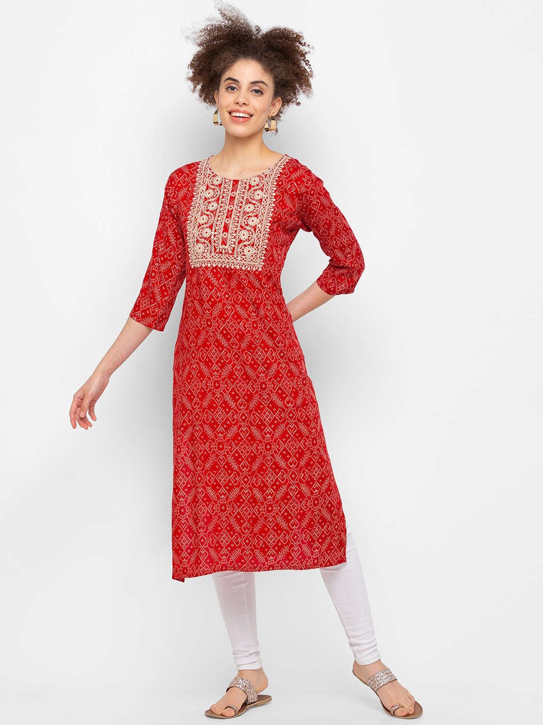 

ZOLA Women Red & White Bandhani Hand Embroidered Thread Work Straight Kurta