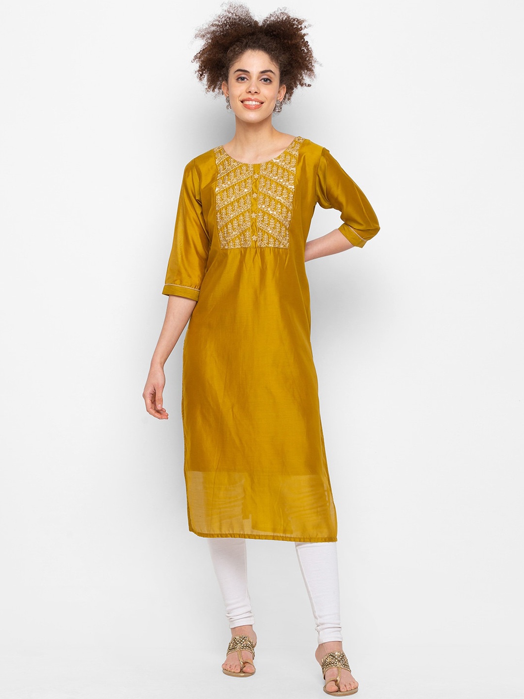 

ZOLA Women Mustard Yellow Yoke Design Thread Work Kurta