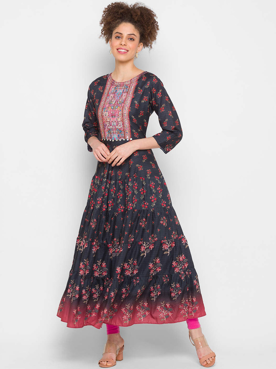

ZOLA Women Grey & Red Floral Printed Anarkali Kurta