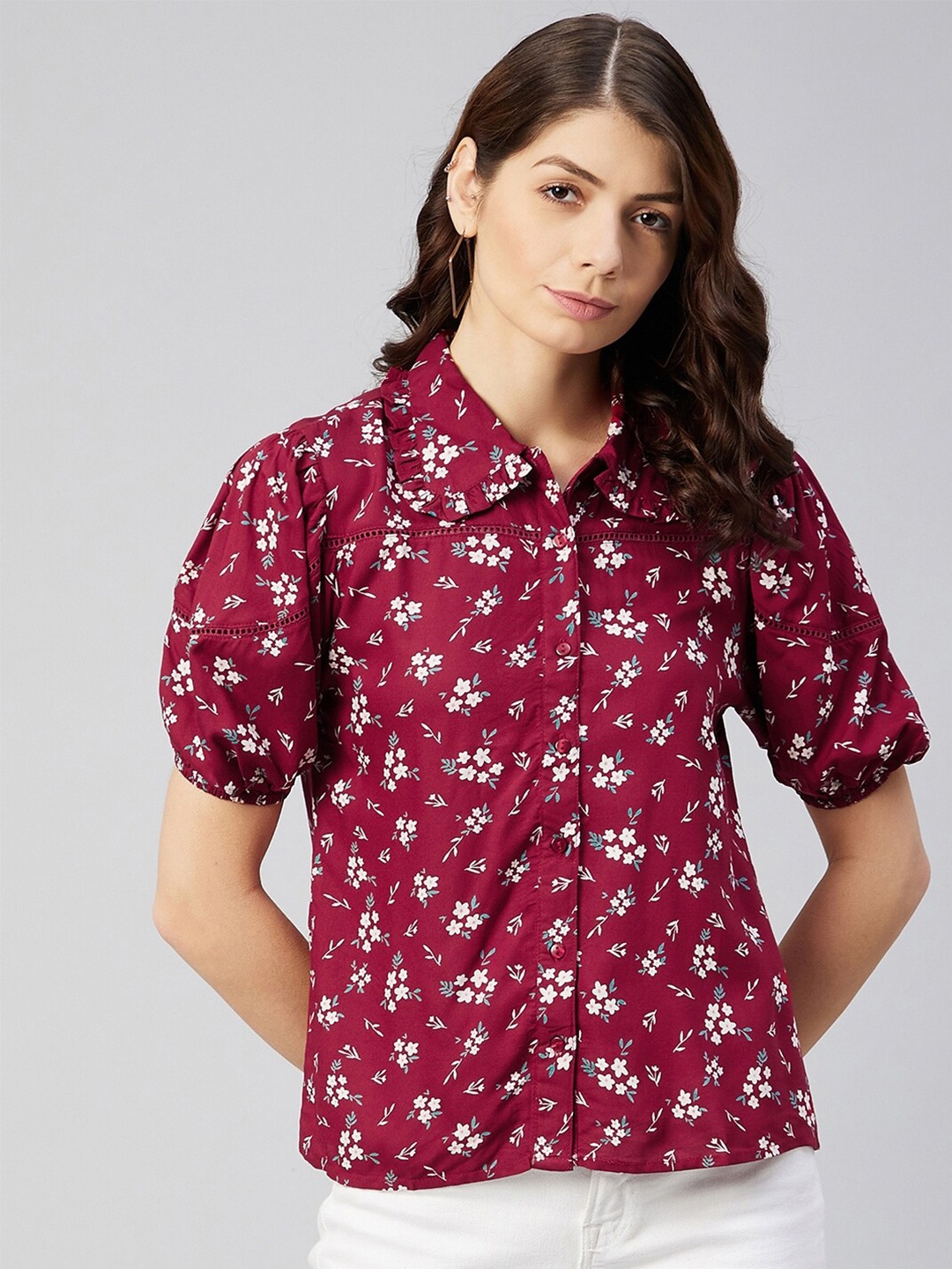 

RARE Women Maroon & White Floral Printed Puff Sleeves Casual Shirt