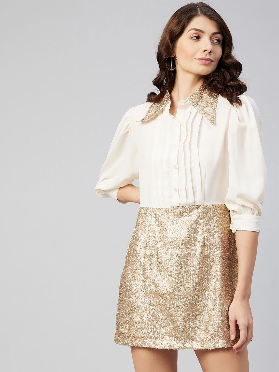 

RARE Off Women White & Gold-Toned Embellished Crepe A-Line Mini Dress, Off white