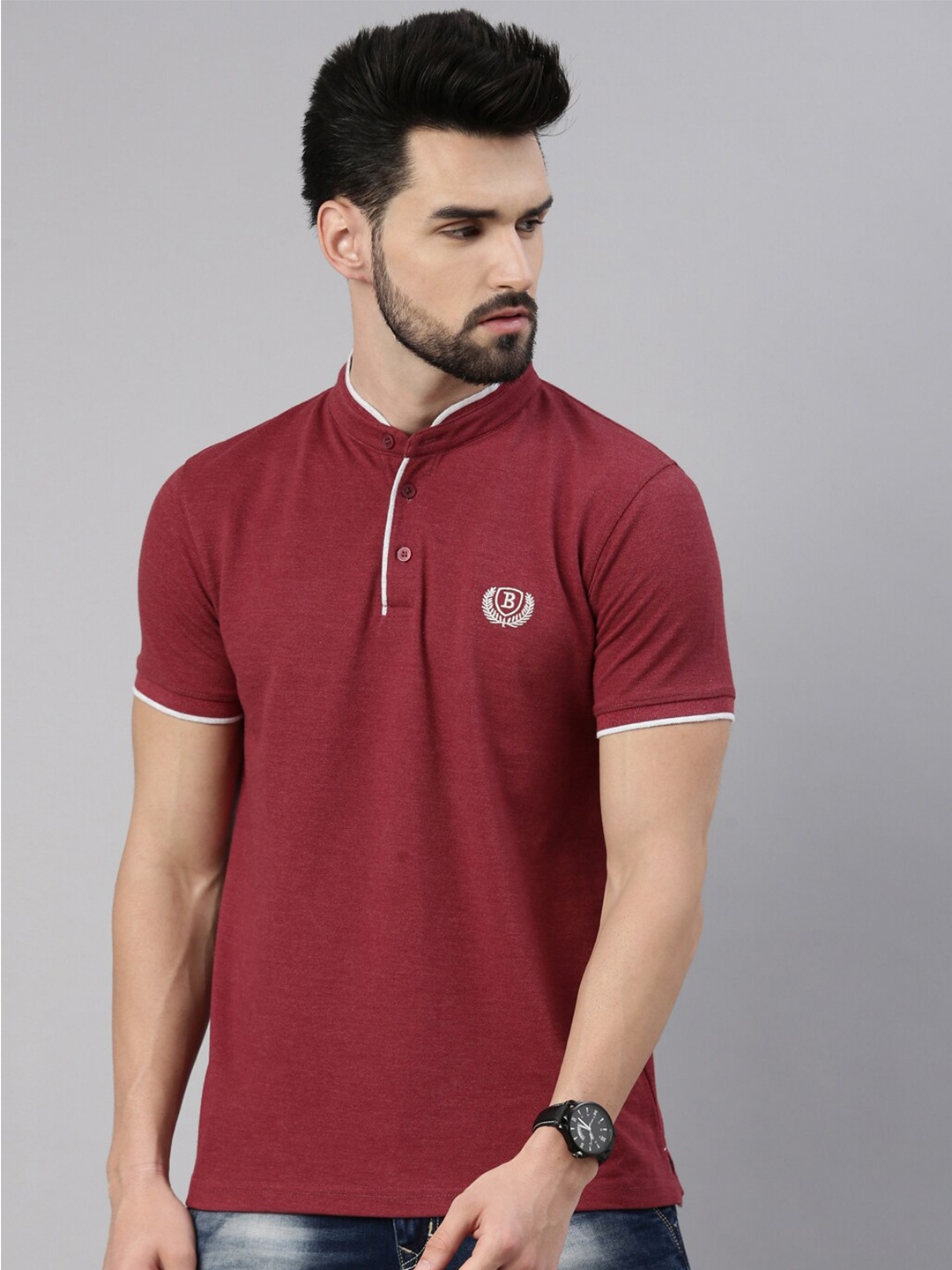 

Bushirt Men Maroon Mandarin Collar Cotton T-shirt