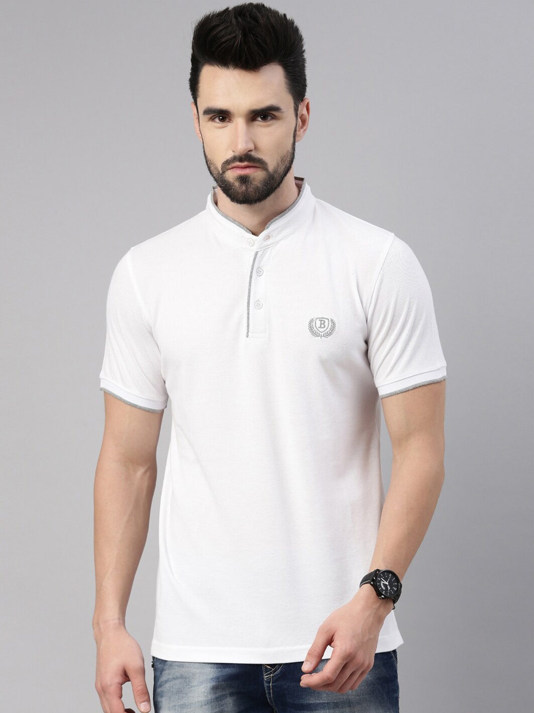 

Bushirt Men White Mandarin Collar Cotton T-shirt