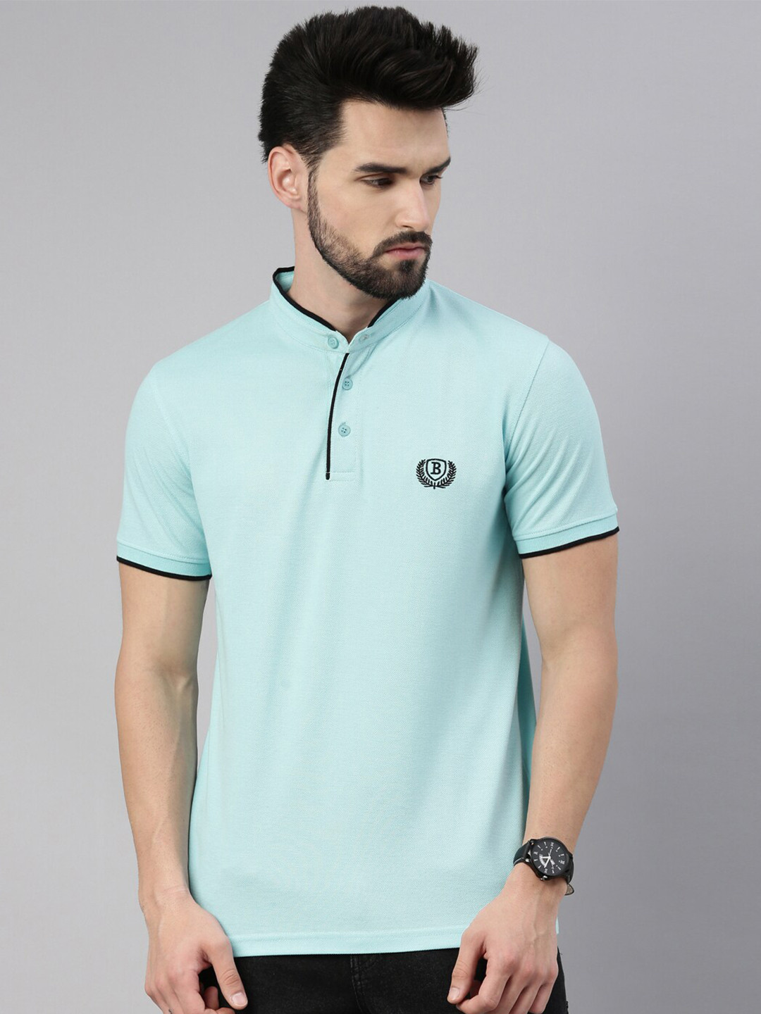 

Bushirt Men Turquoise Blue Mandarin Collar Pure Cotton T-shirt