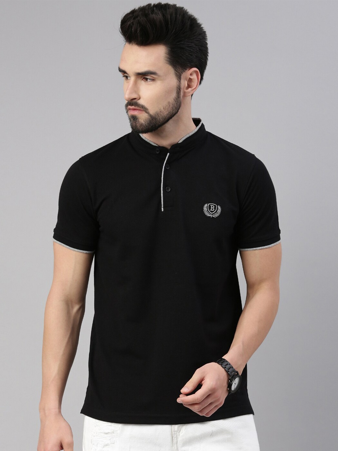 

Bushirt Men Black Mandarin Collar Cotton T-shirt