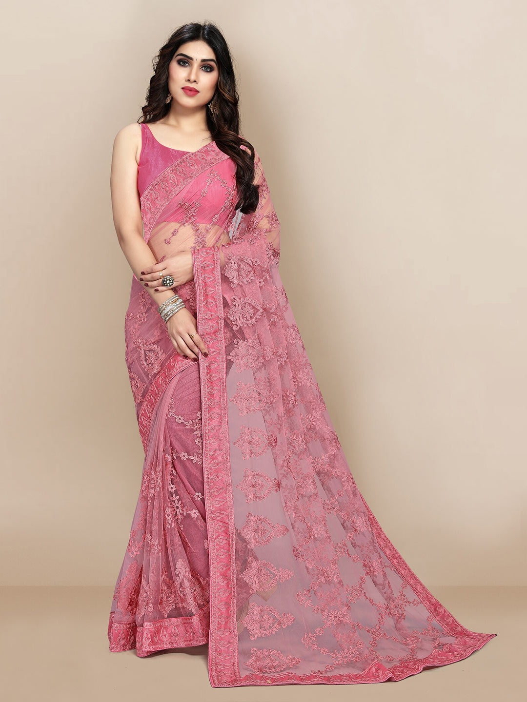 

VAIRAGEE Pink Floral Embroidered Net Saree