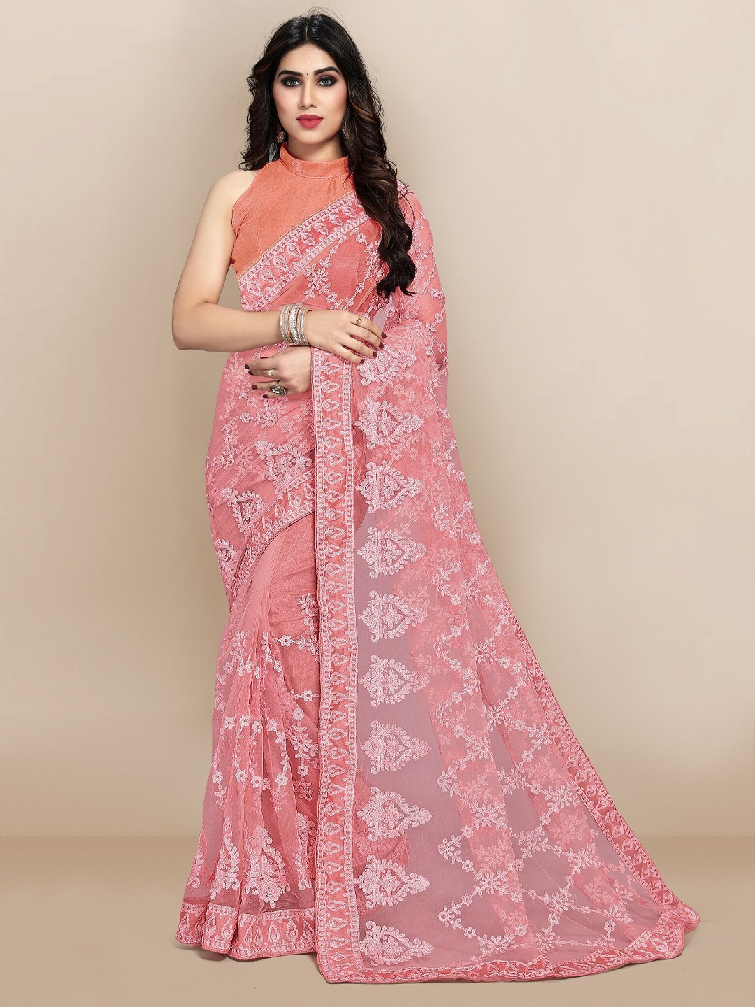 

VAIRAGEE Peach-Coloured Ethnic Motifs Embroidered Net Saree