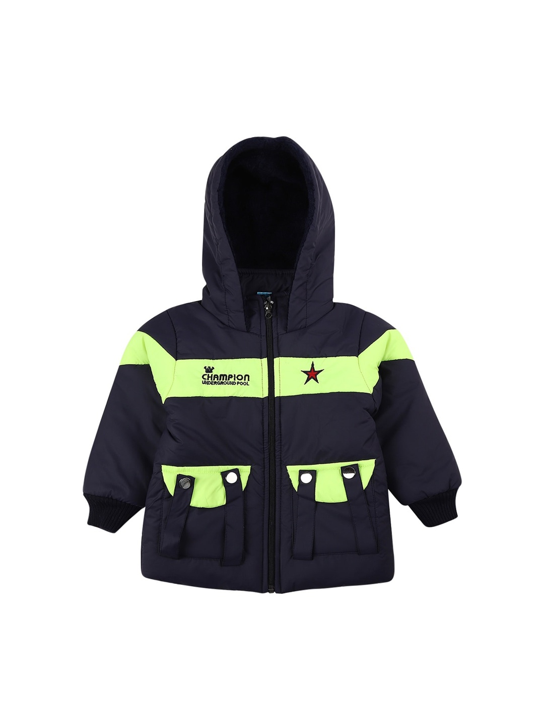 

V-Mart Unisex Kids Blue Fluorescent Green Colourblocked Lightweight Puffer Jacket with Patchwork